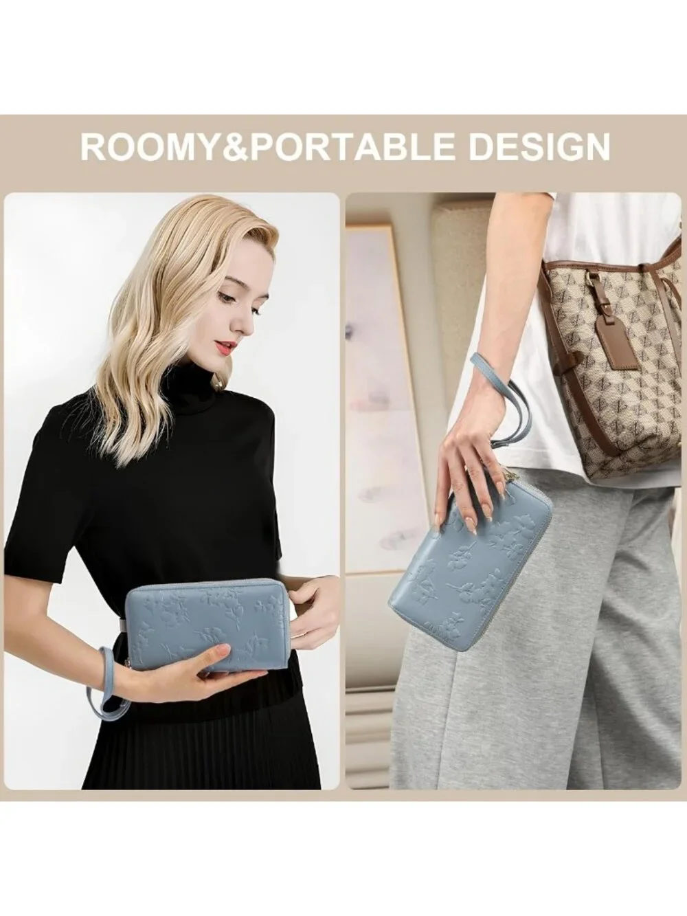 Vegan Leather RFID Blocking Large Capacity Double Zip Wristlet Wallet for Women